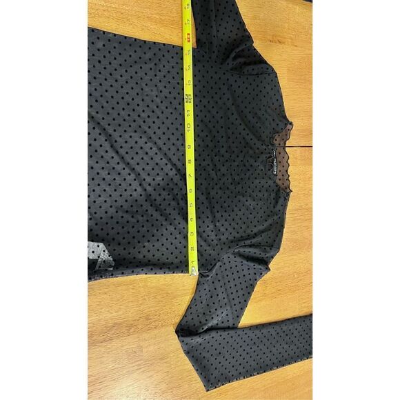 Zara Women's Mock Neck Lettuce Trim Polka Dot Mesh Top Blouse Black Size Small - Picture 7 of 10